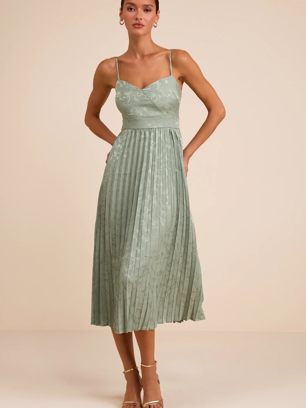 Lulus Sage Green Pleated Spaghetti Strap Dress